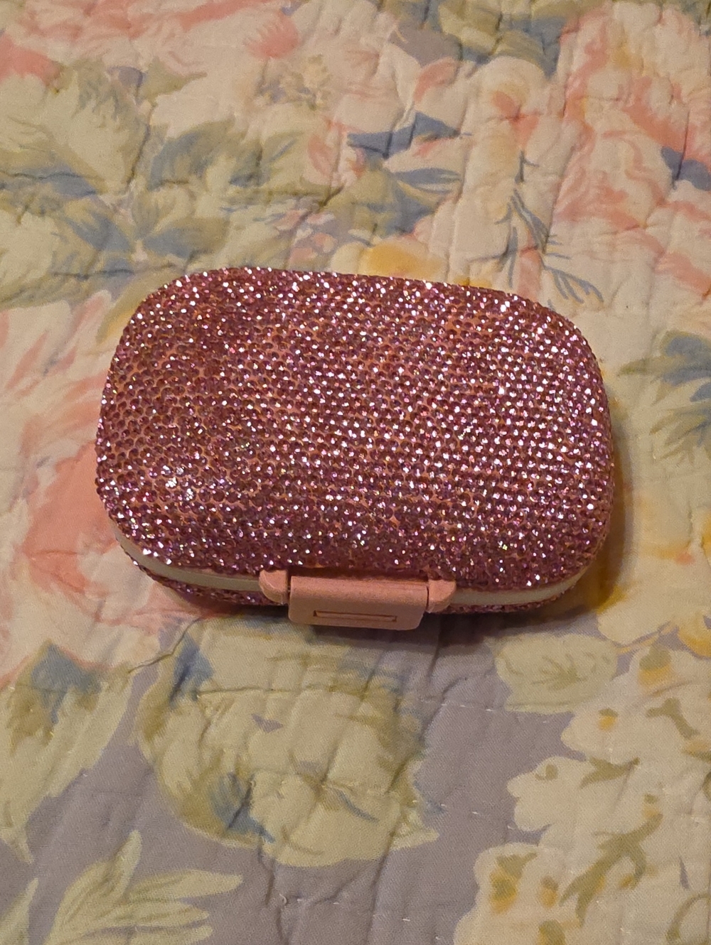 Pink Rhinestone Jeweled Compact Case- Pill Organizer For Medication